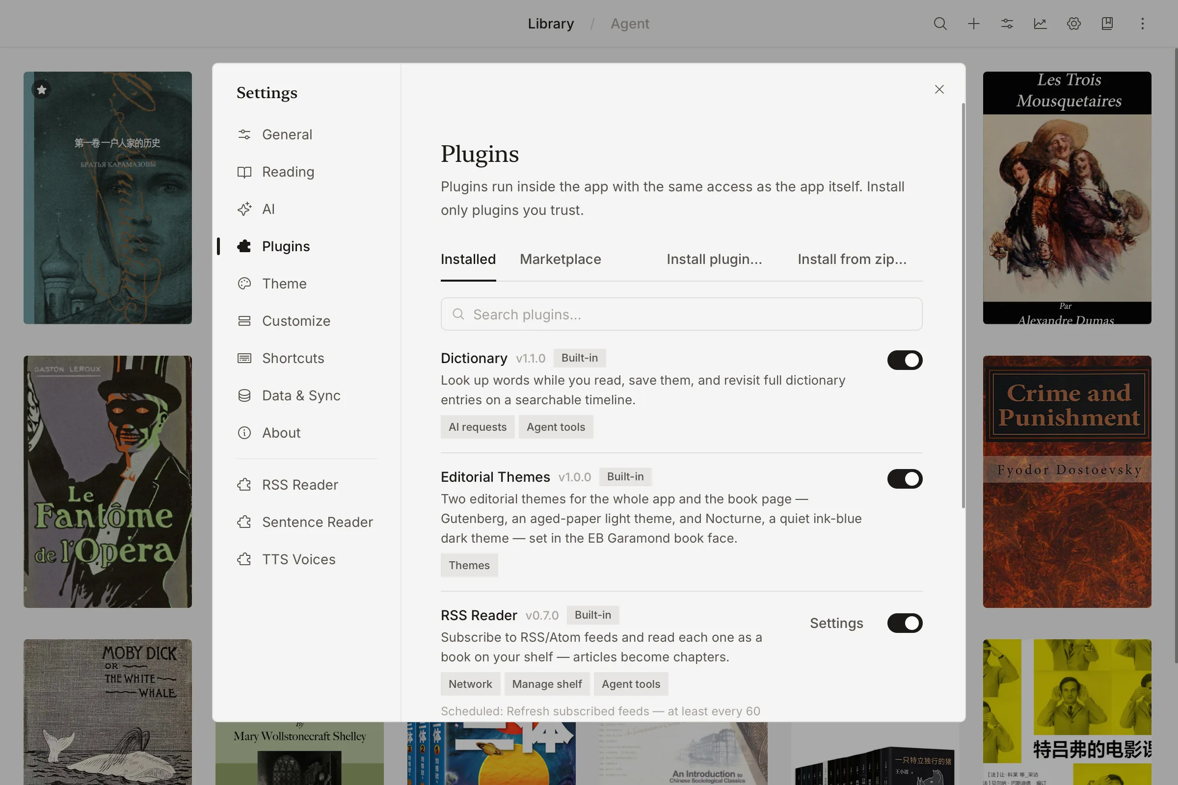The ReadAware plugin panel — dictionary, themes, and RSS reader installed, each in its own sandbox, some handing the assistant new tools.