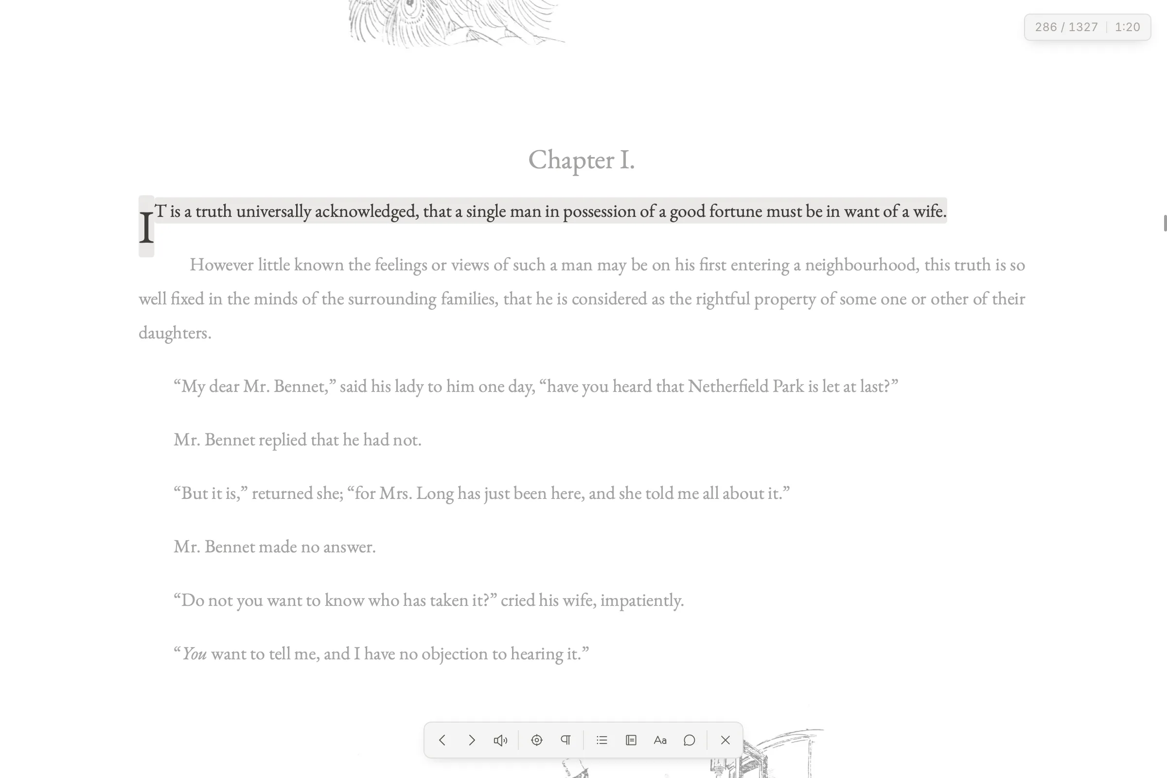 A page of Pride and Prejudice in the ReadAware reader on desktop, one sentence held in focus while the rest of the page recedes.